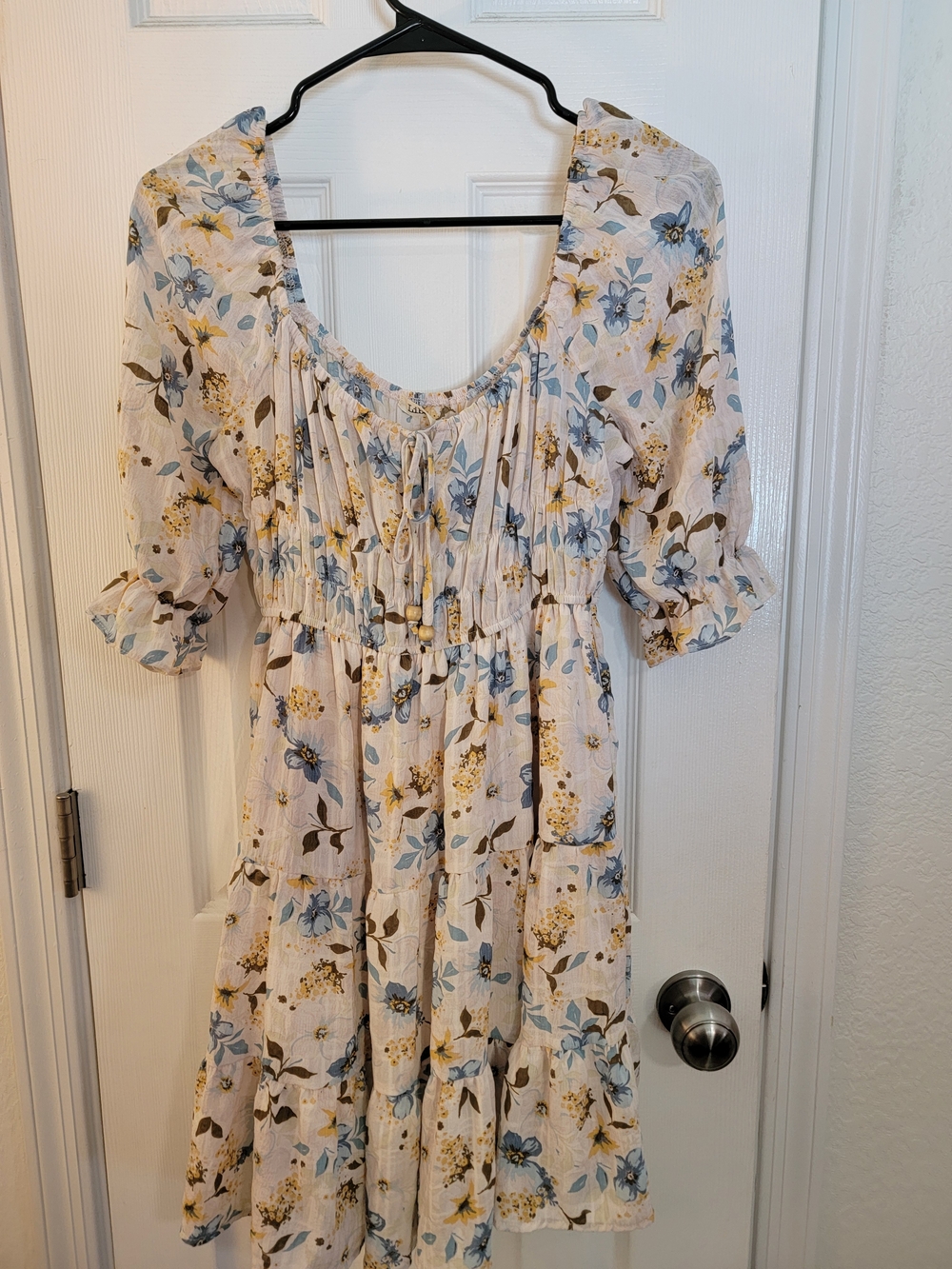 Liberty Love Cream Floral Mini Dress with Blue and Mustard Accents